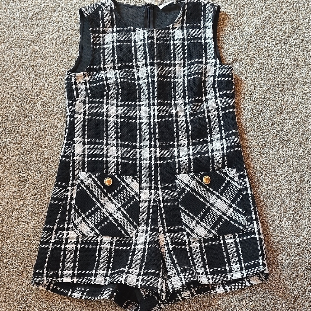Day+Moon Black and White Plaid Shorts Jumpsuit NWT